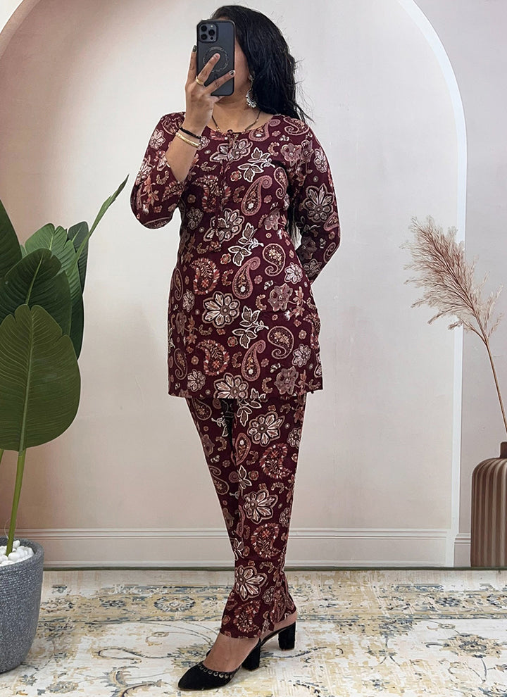 Maroon Soft Rayon Cotton Printed Outwear Cord Set
