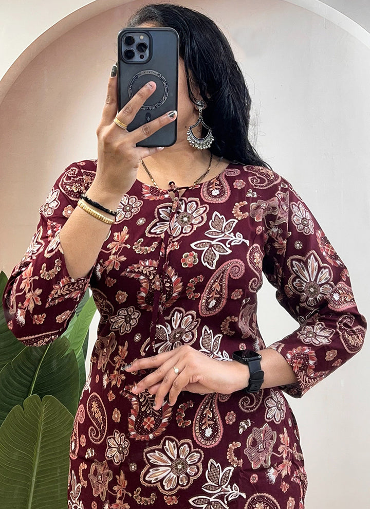 Maroon Soft Rayon Cotton Printed Outwear Cord Set