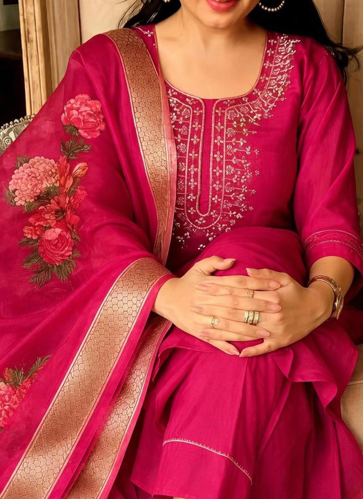 Pink Rayon Slub Embroidered Festive Kurta Set