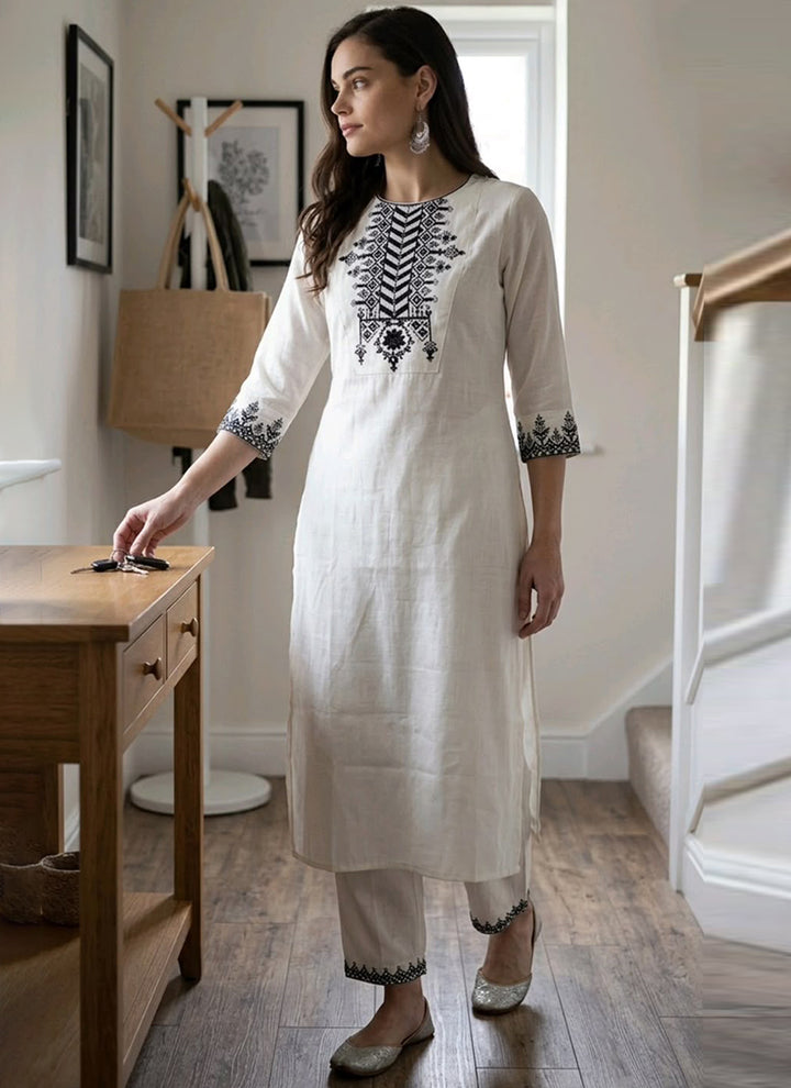 White Khadi Cotton Embroidered Cord Set