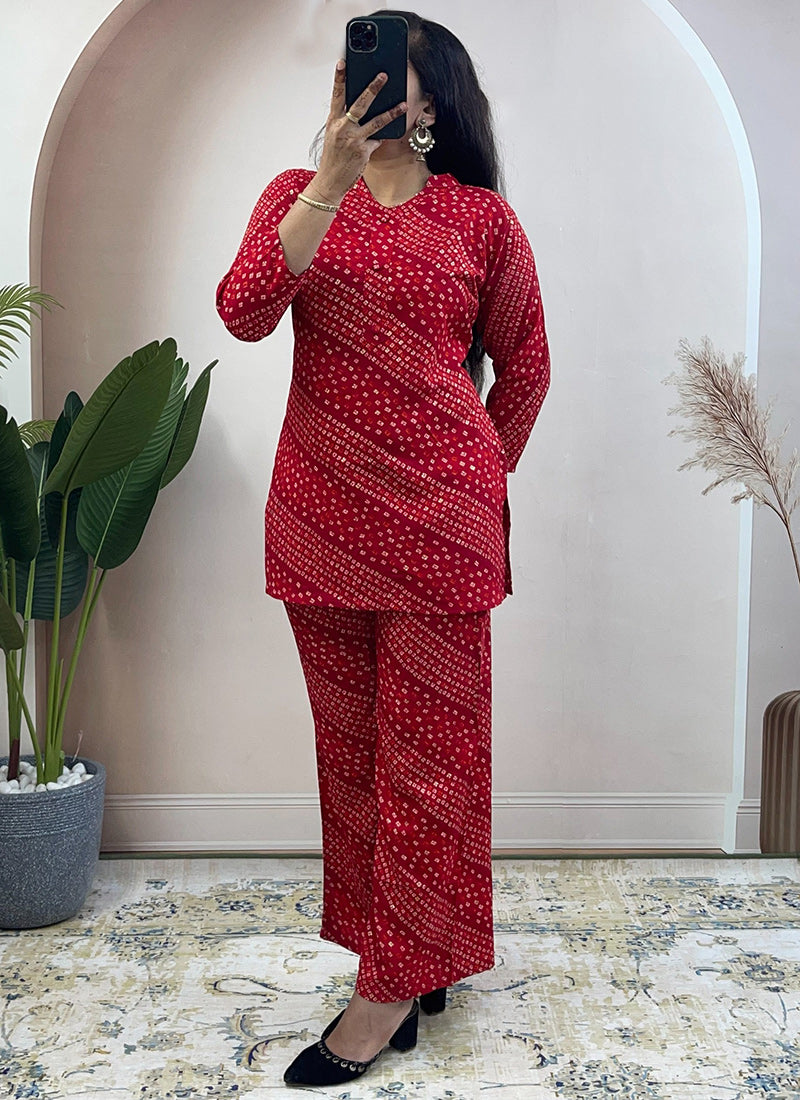 Red Soft Rayon Cotton Bandhani Printed Cord Set