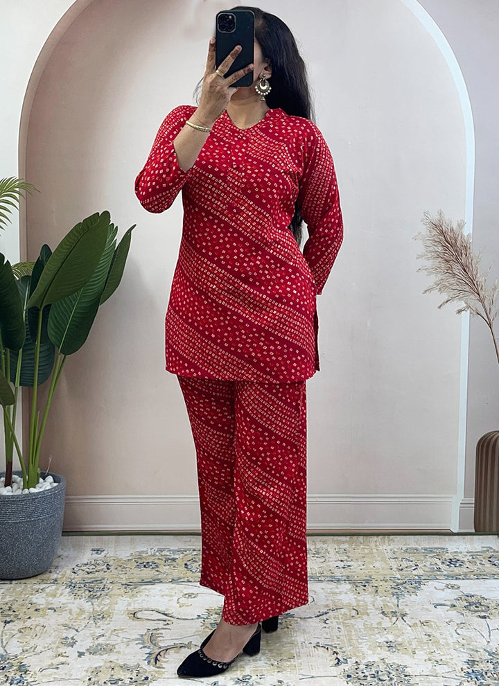 Red Soft Rayon Cotton Bandhani Printed Cord Set