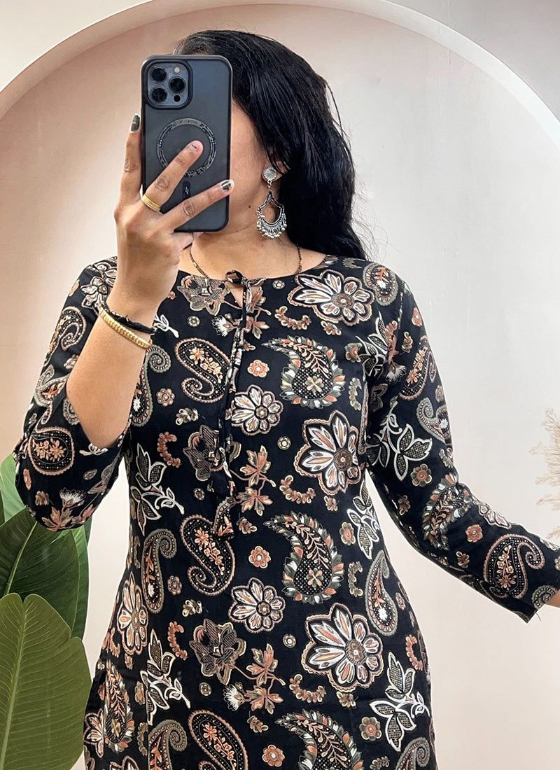 Black Soft Rayon Cotton Printed Outwear Cord Set