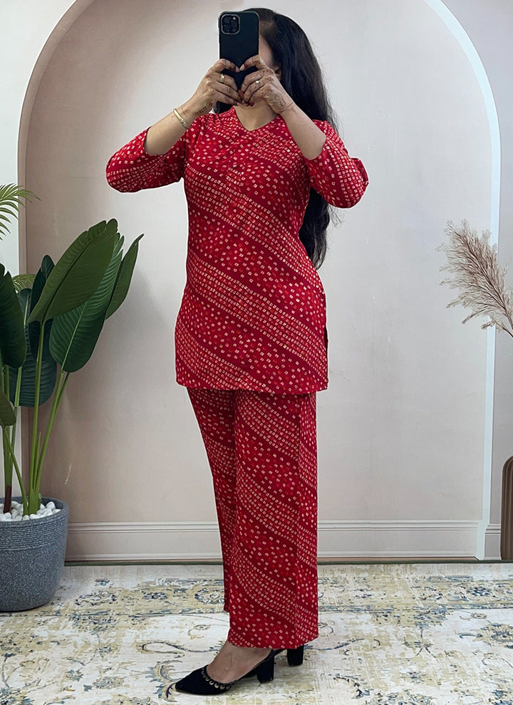 Red Soft Rayon Cotton Bandhani Printed Cord Set