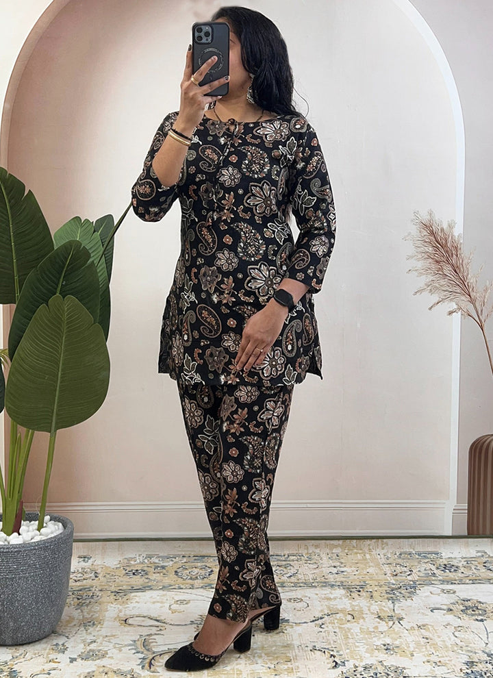 Black Soft Rayon Cotton Printed Outwear Cord Set