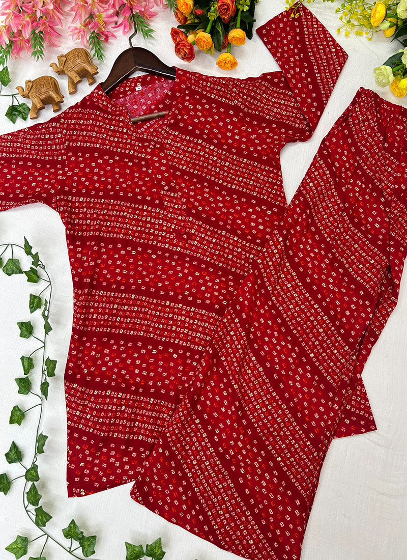Red Soft Rayon Cotton Bandhani Printed Cord Set