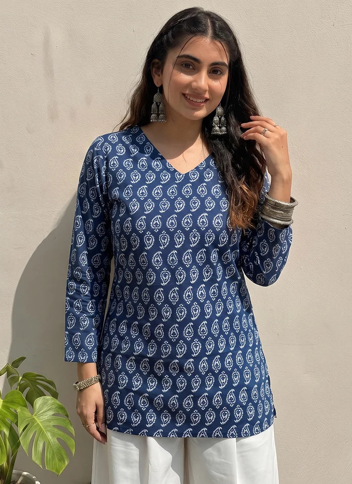 Blue Cotton Printed V Neck Outwear Kurti