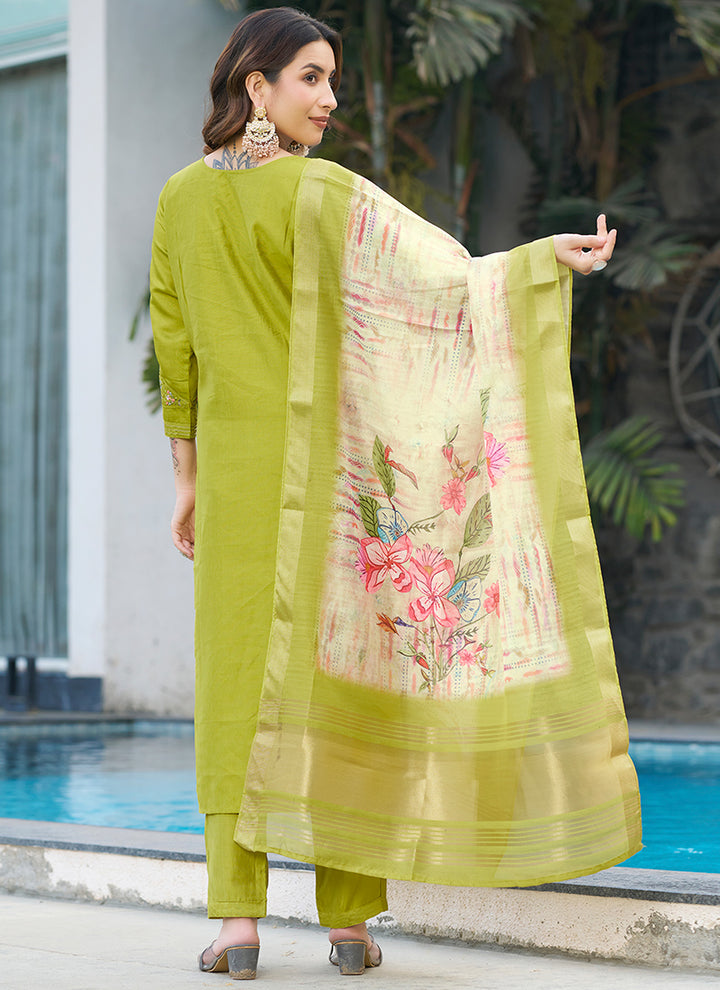 Viscose Silk Parrot Green Thread Work Salwar Set