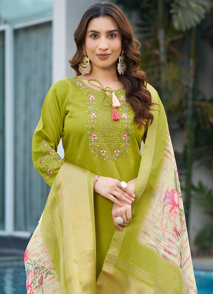 Viscose Silk Parrot Green Thread Work Salwar Set