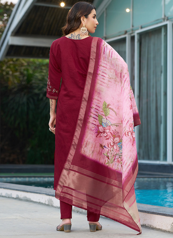 Viscose Silk Maroon Thread Work Salwar Set For Festive