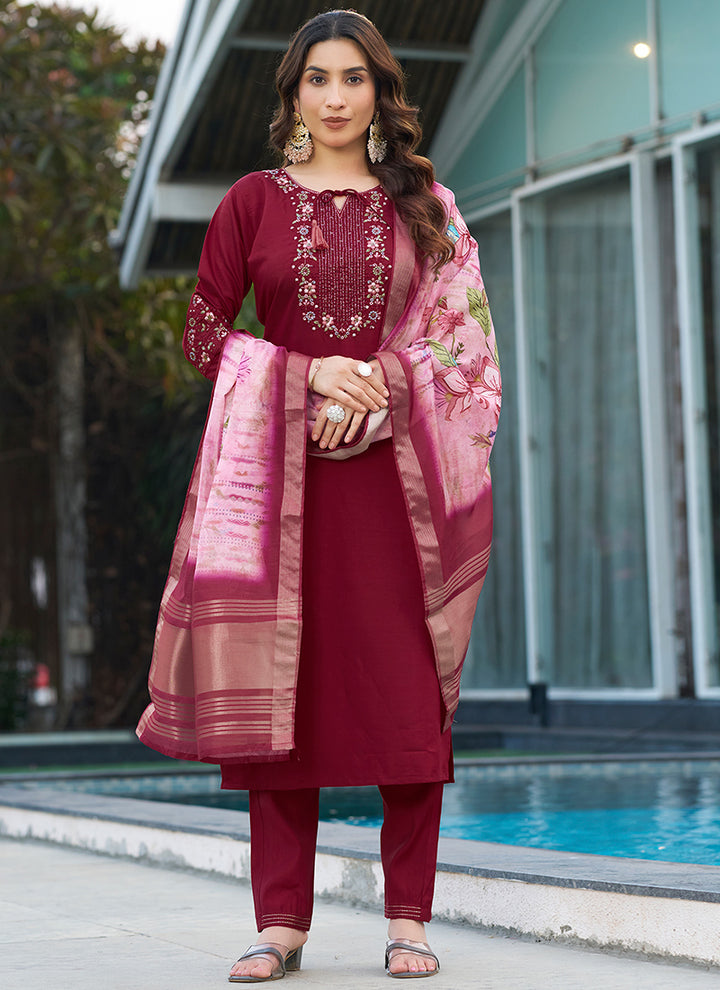 Viscose Silk Maroon Thread Work Salwar Set For Festive