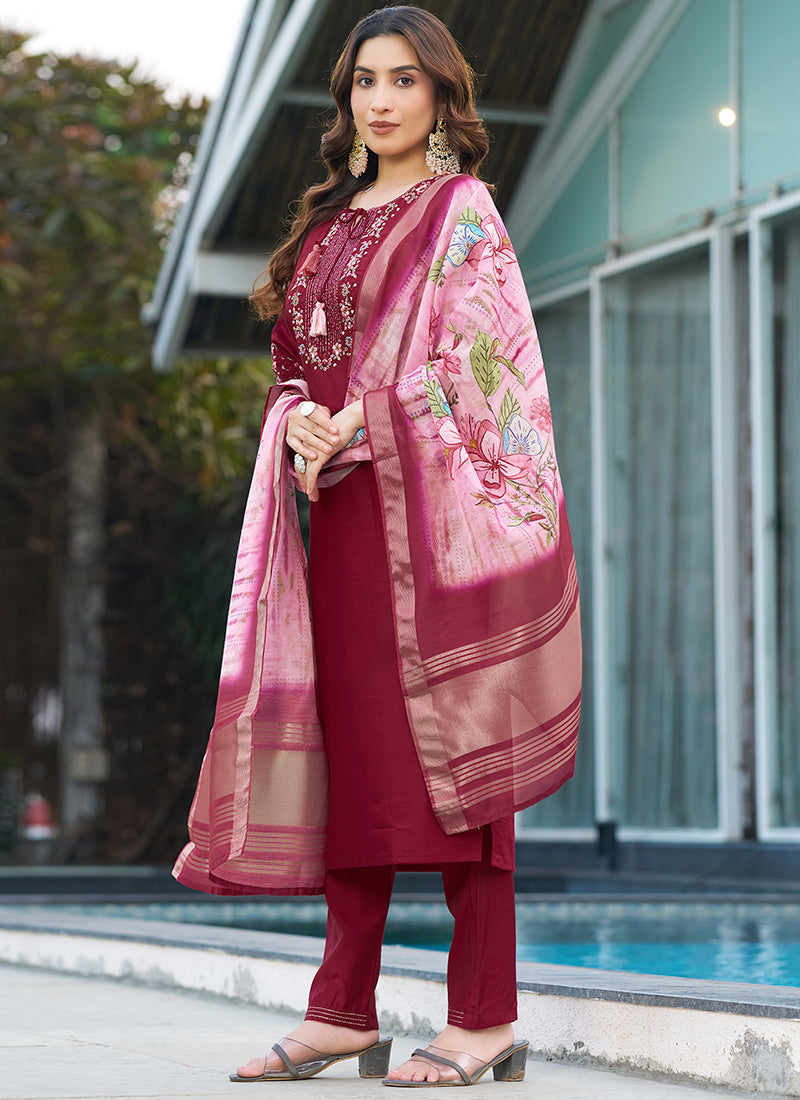 Viscose Silk Maroon Thread Work Salwar Set For Festive