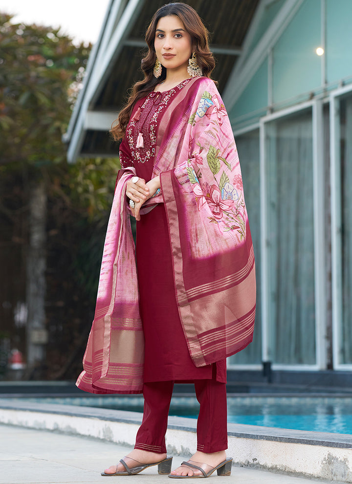 Viscose Silk Maroon Thread Work Salwar Set For Festive