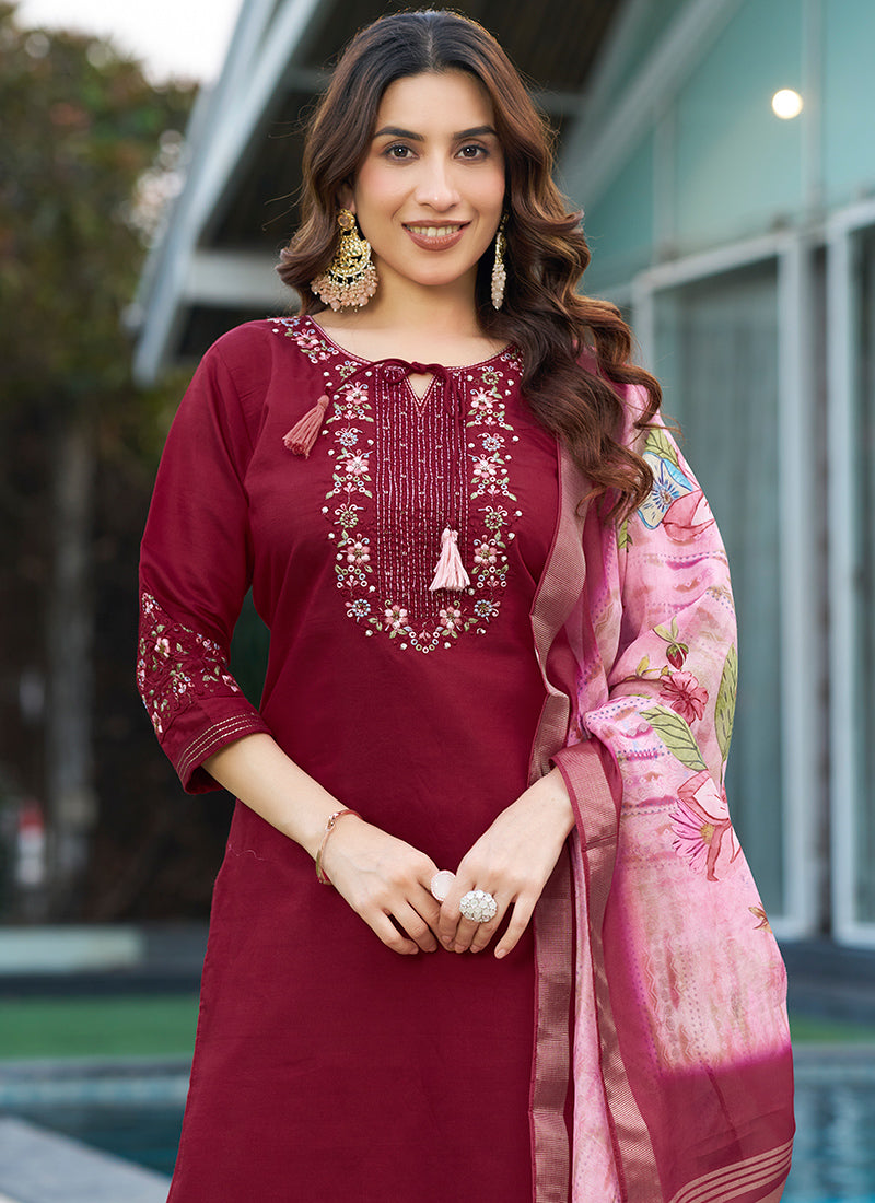 Viscose Silk Maroon Thread Work Salwar Set For Festive