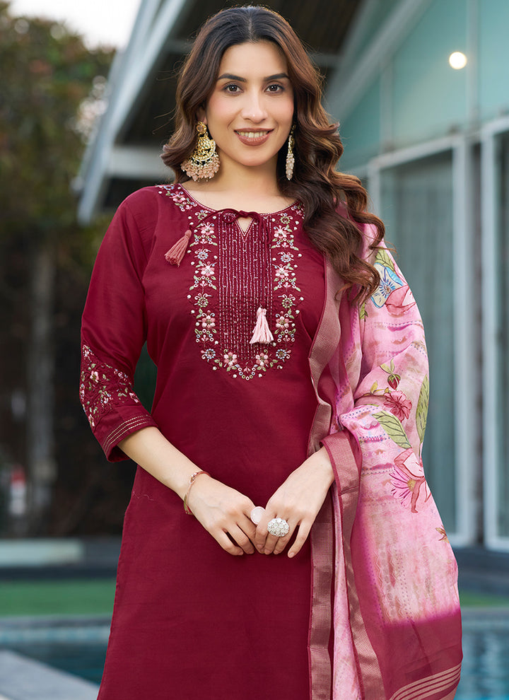 Viscose Silk Maroon Thread Work Salwar Set For Festive