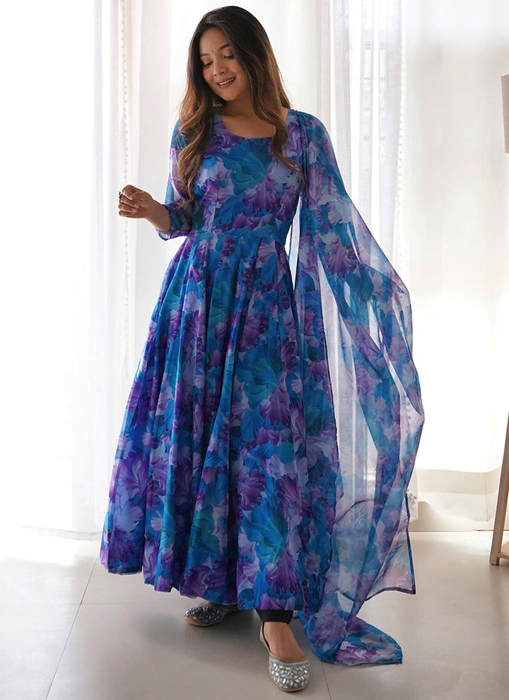 Blue Flower Printed Party Wear Gown With Dupatta