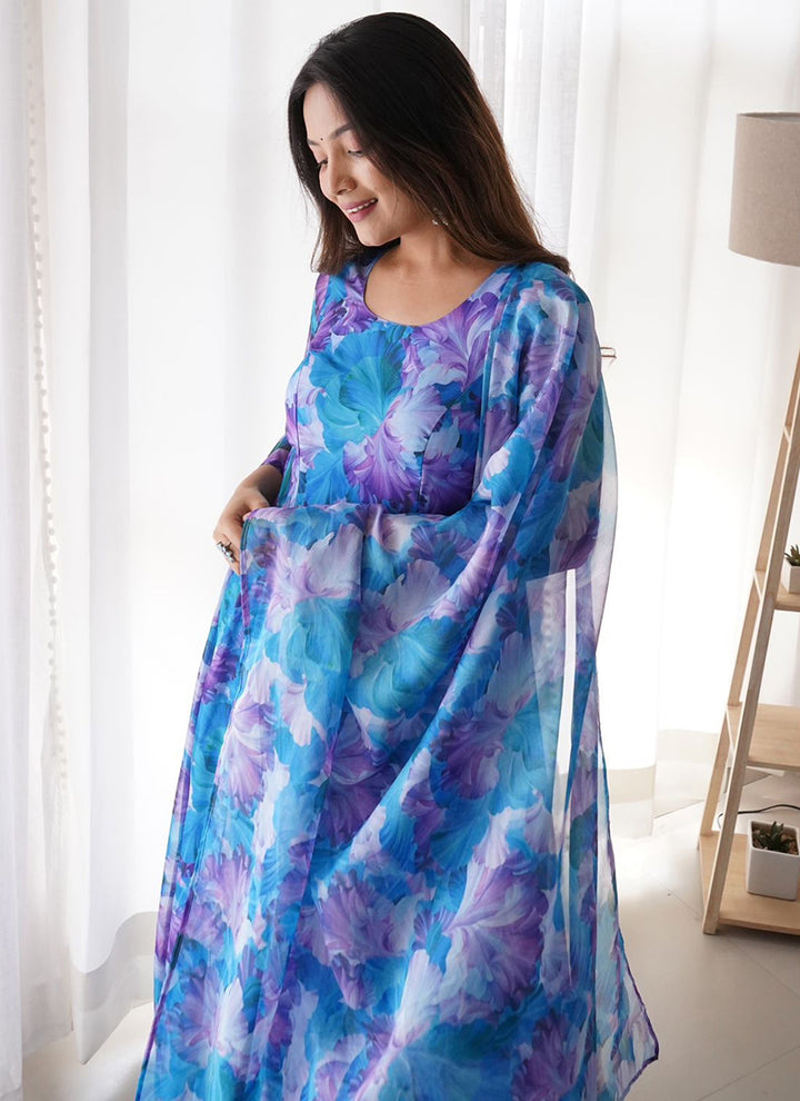 Blue Flower Printed Party Wear Gown With Dupatta