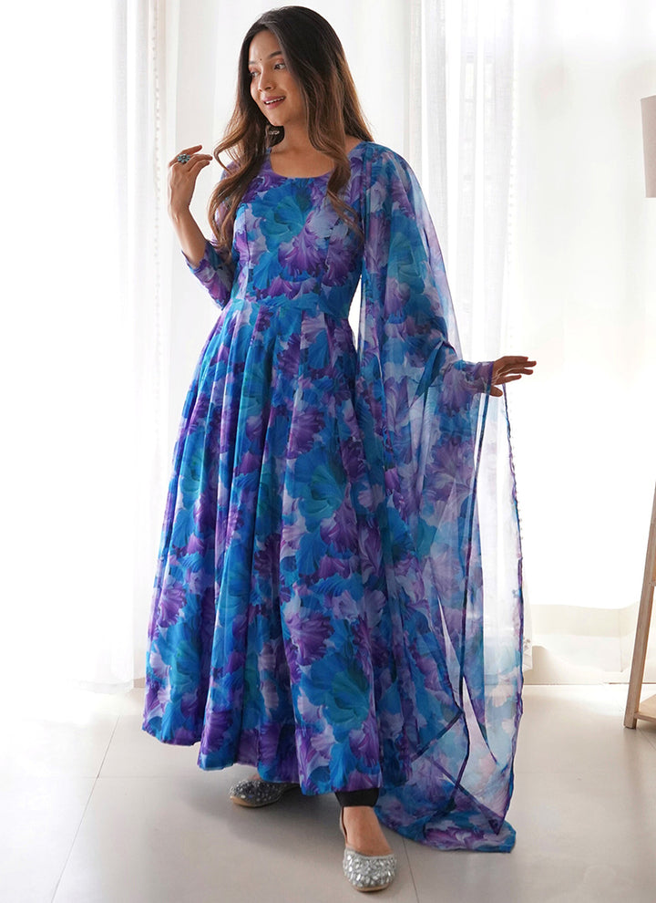 Blue Flower Printed Party Wear Gown With Dupatta