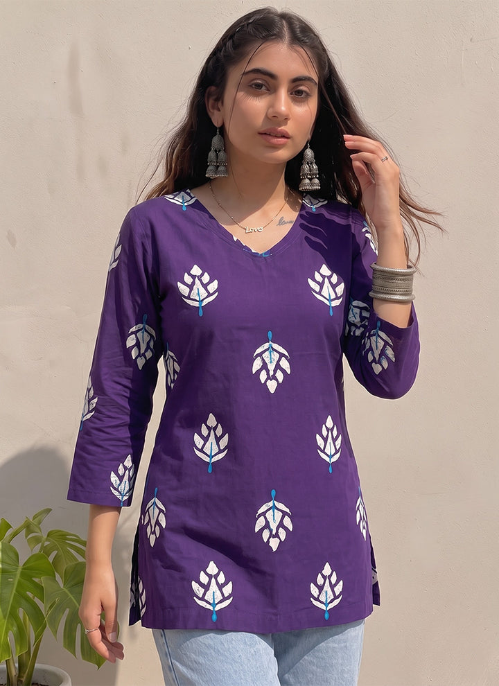 Purple Cotton Printed V Neck OutWear Kurti