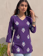 Purple Cotton Printed V Neck OutWear Kurti