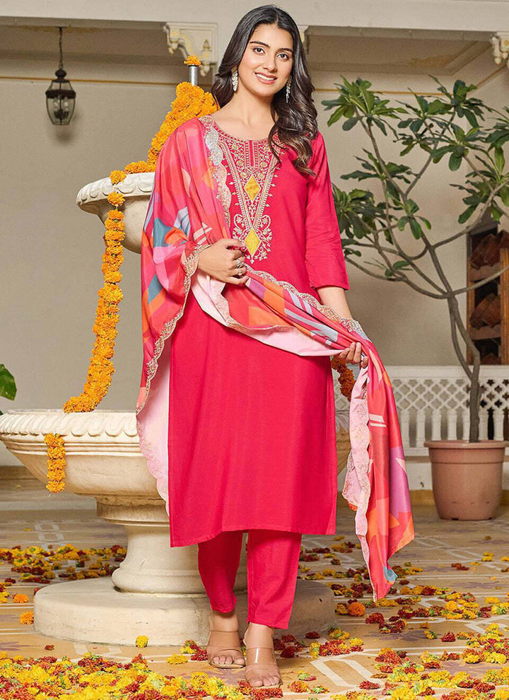 Cerise Pink Tesla Embroidered Festive Kurta Set