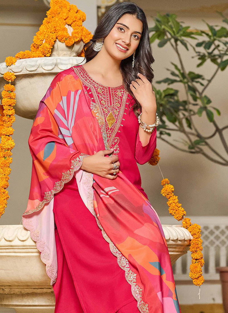 Cerise Pink Tesla Embroidered Festive Kurta Set