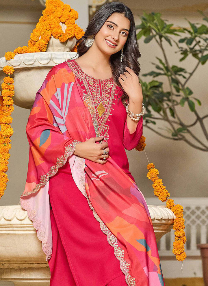 Cerise Pink Tesla Embroidered Festive Kurta Set