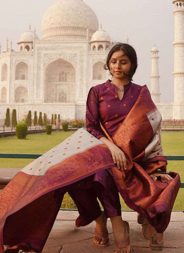 Purple Jacquard Silk Woven Straight Kurta Set