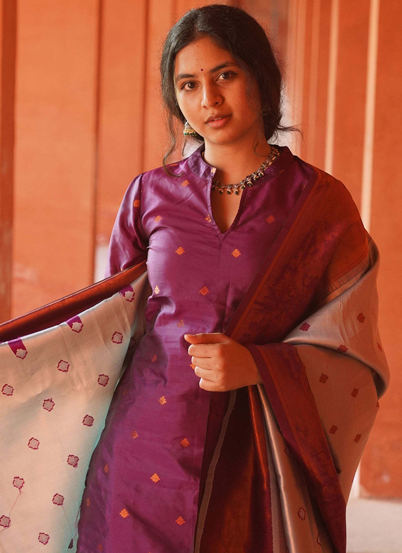 Purple Jacquard Silk Woven Straight Kurta Set