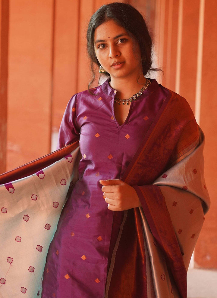 Purple Jacquard Silk Woven Straight Kurta Set