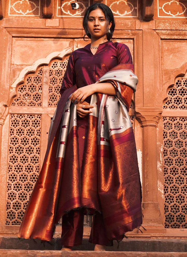 Purple Jacquard Silk Woven Straight Kurta Set