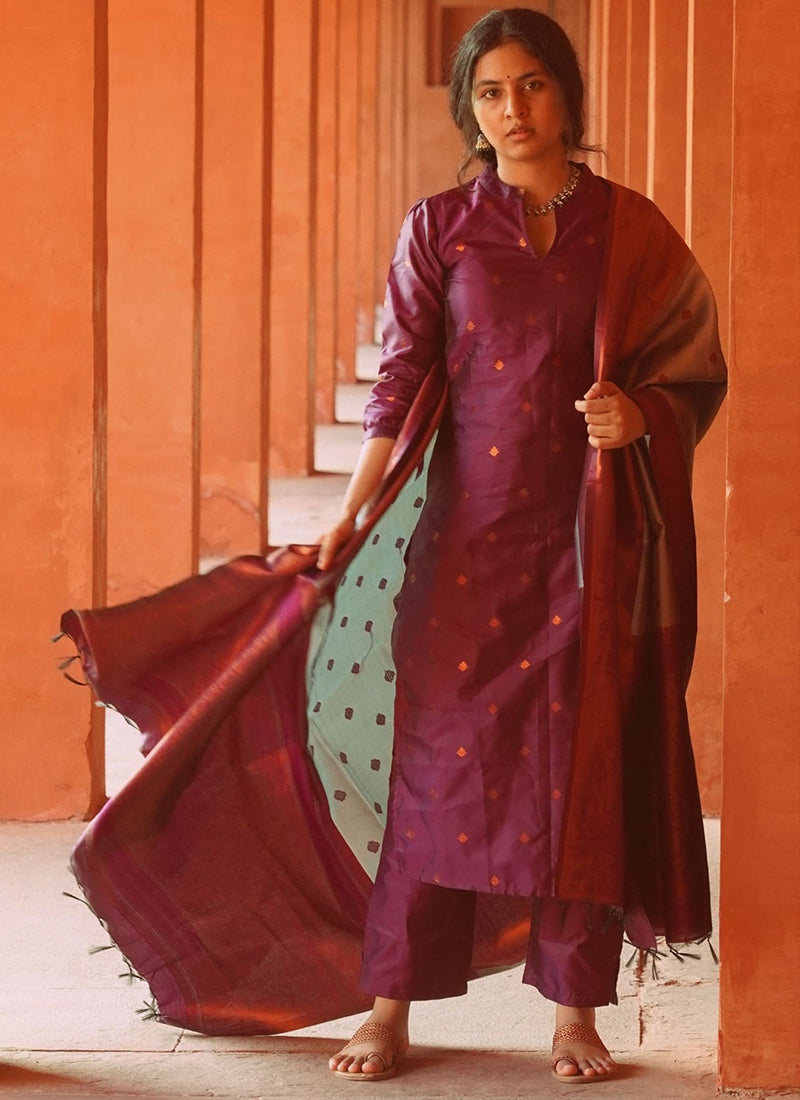 Purple Jacquard Silk Woven Straight Kurta Set