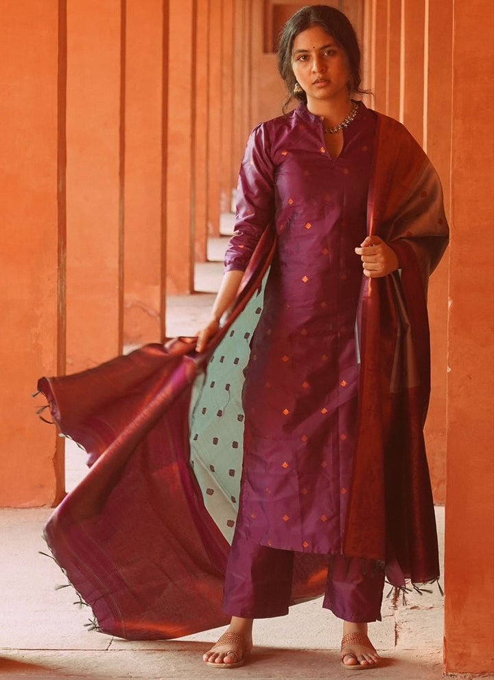 Purple Jacquard Silk Woven Straight Kurta Set
