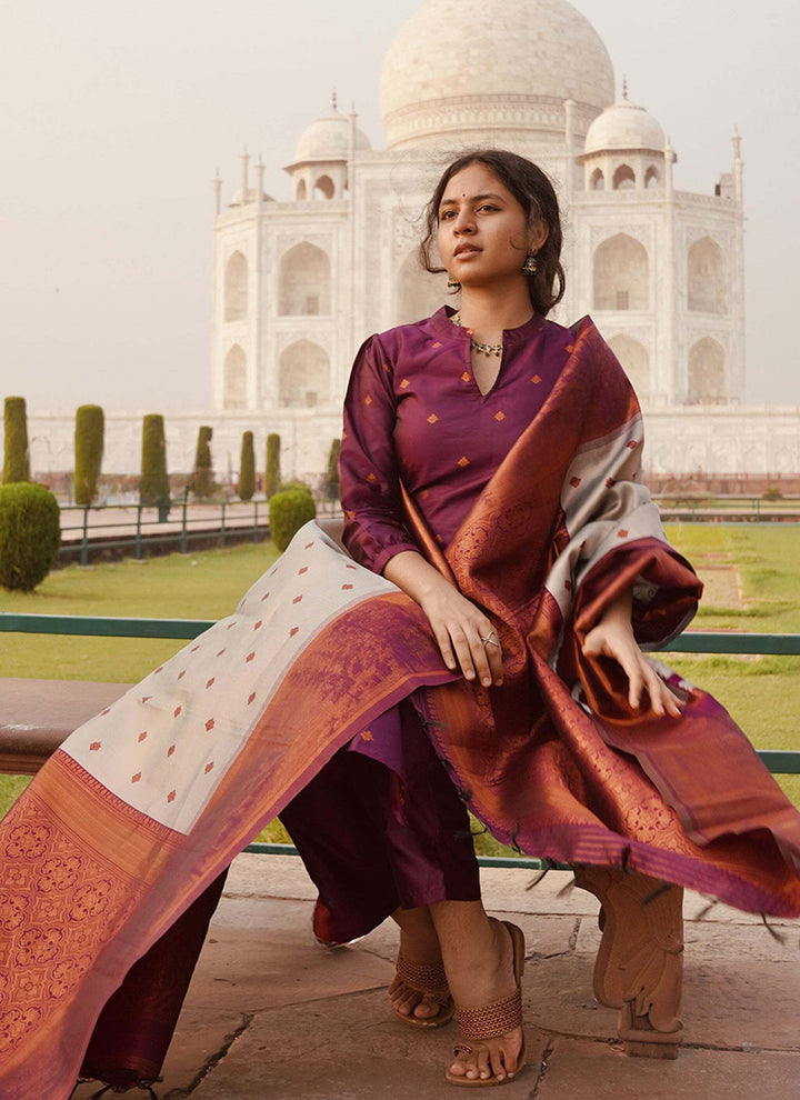 Purple Jacquard Silk Woven Straight Kurta Set