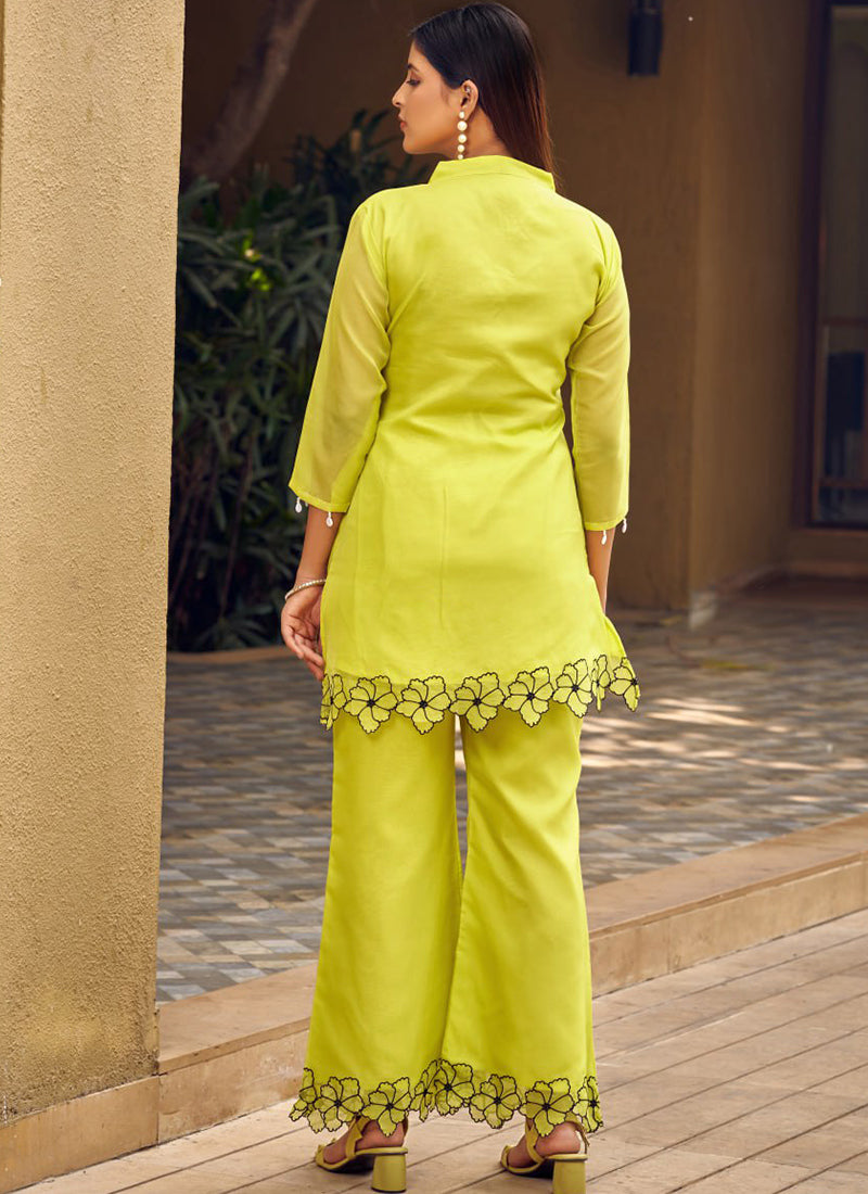 Blooming Lime Green Color Embroidery Work Traditional Wear Cord Set