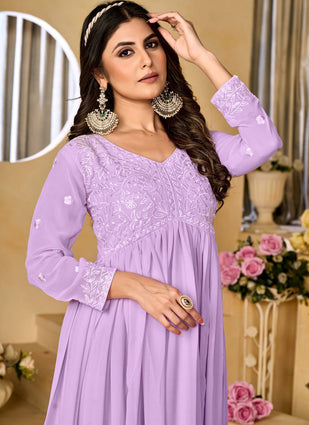Georgette Lavender Embroidered A-Line Party Wear Dress
