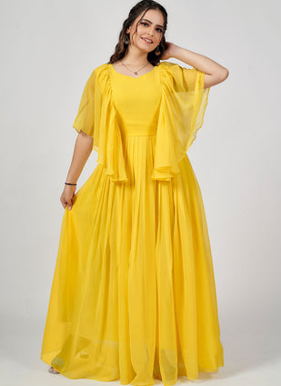 Opulent Yellow Color Flared Sleeve Long Gown