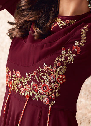 Attractive Dark Maroon Embroidery Work A-Line Long Gown