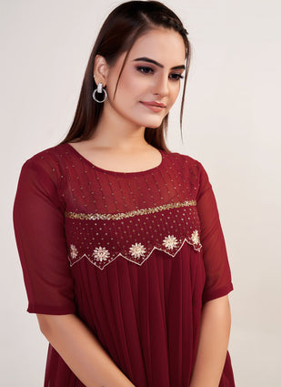 Modish Maroon Color Embroidery Patch Work Long Dress With Dupatta