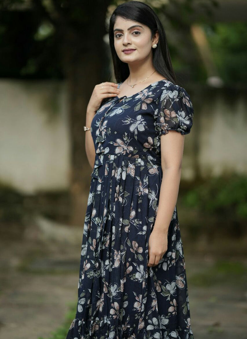 Imperial Navy Blue Printed Beach Wear Maxi Dress