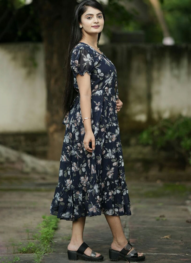 Imperial Navy Blue Printed Beach Wear Maxi Dress