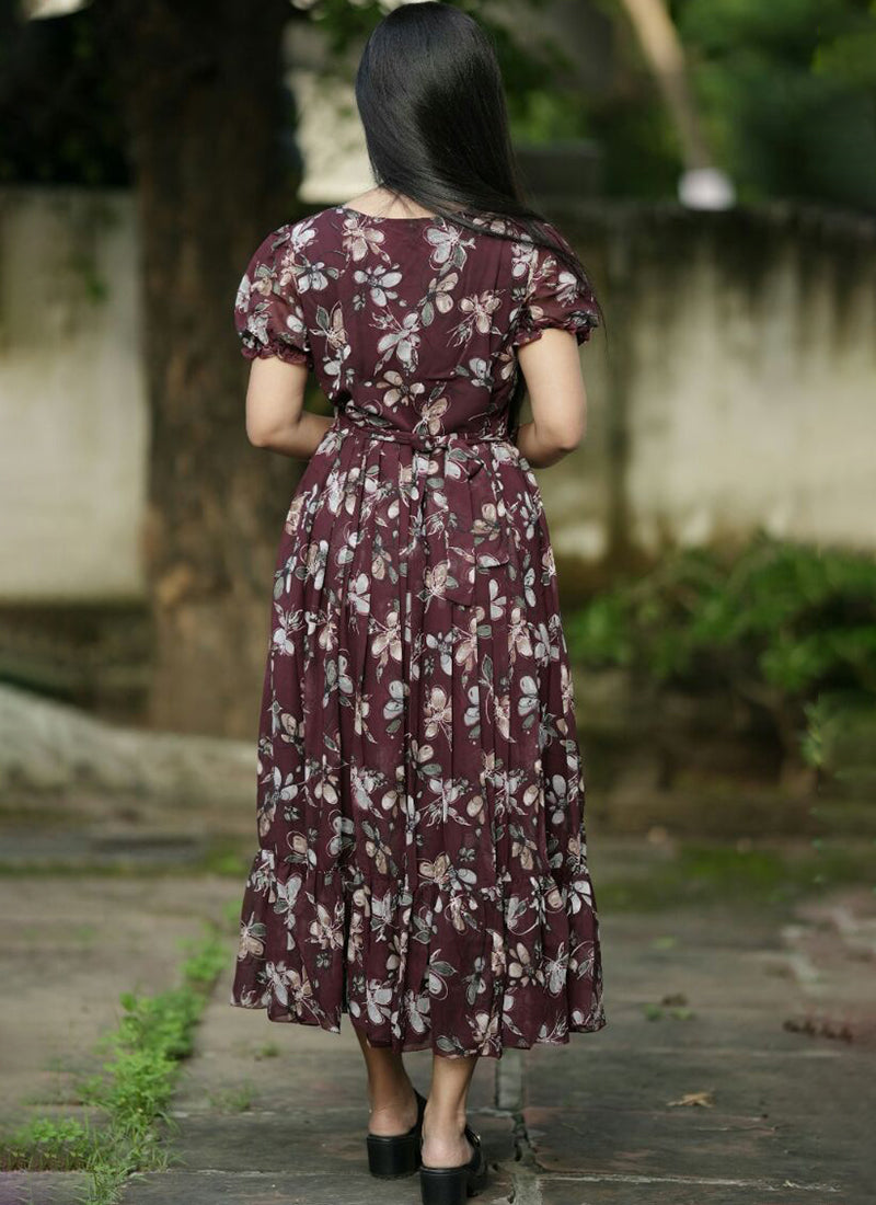 Modish Maroon Gathered Details Party Wear Maxi Dress