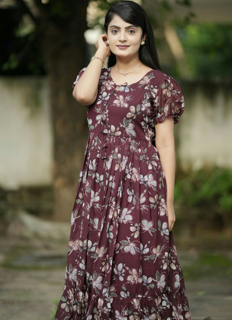 Modish Maroon Gathered Details Party Wear Maxi Dress