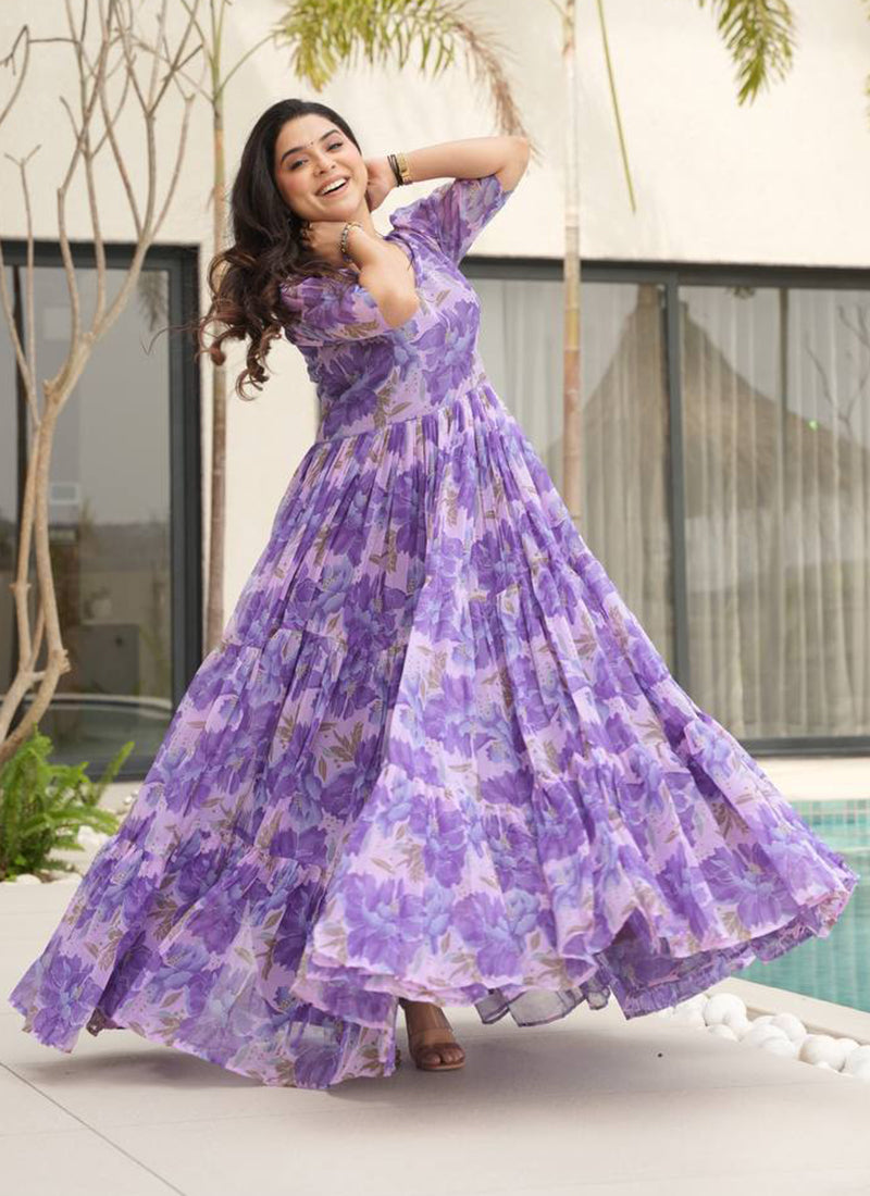 Ball Gown Purple Floral Print Maxi Dress Purple Flower Printed