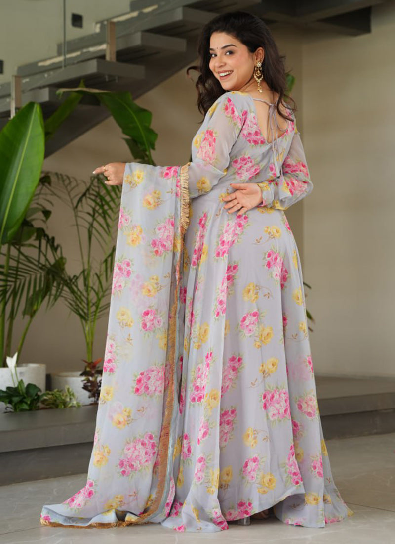 Grey Georgette Printed Party Wear Gown With Dupatta