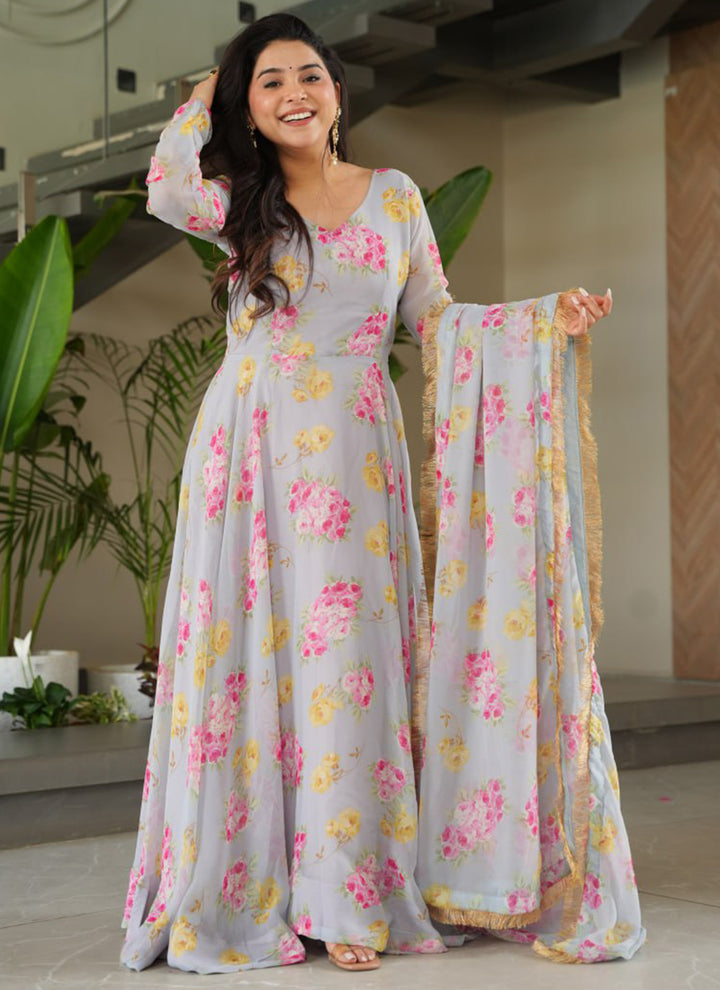 Grey Georgette Printed Party Wear Gown With Dupatta