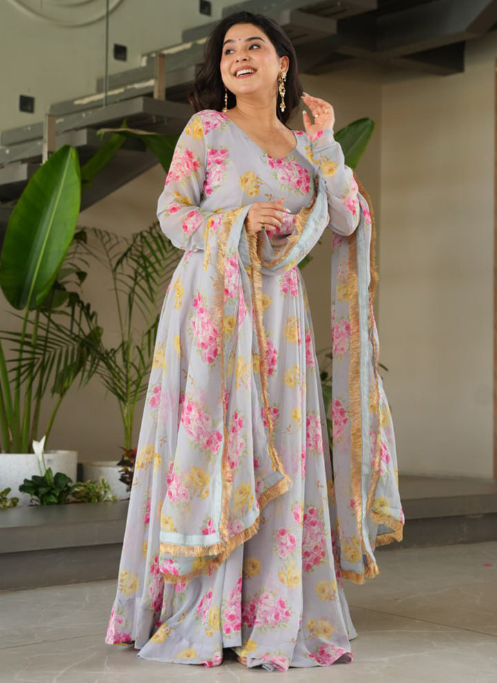 Grey Georgette Printed Party Wear Gown With Dupatta