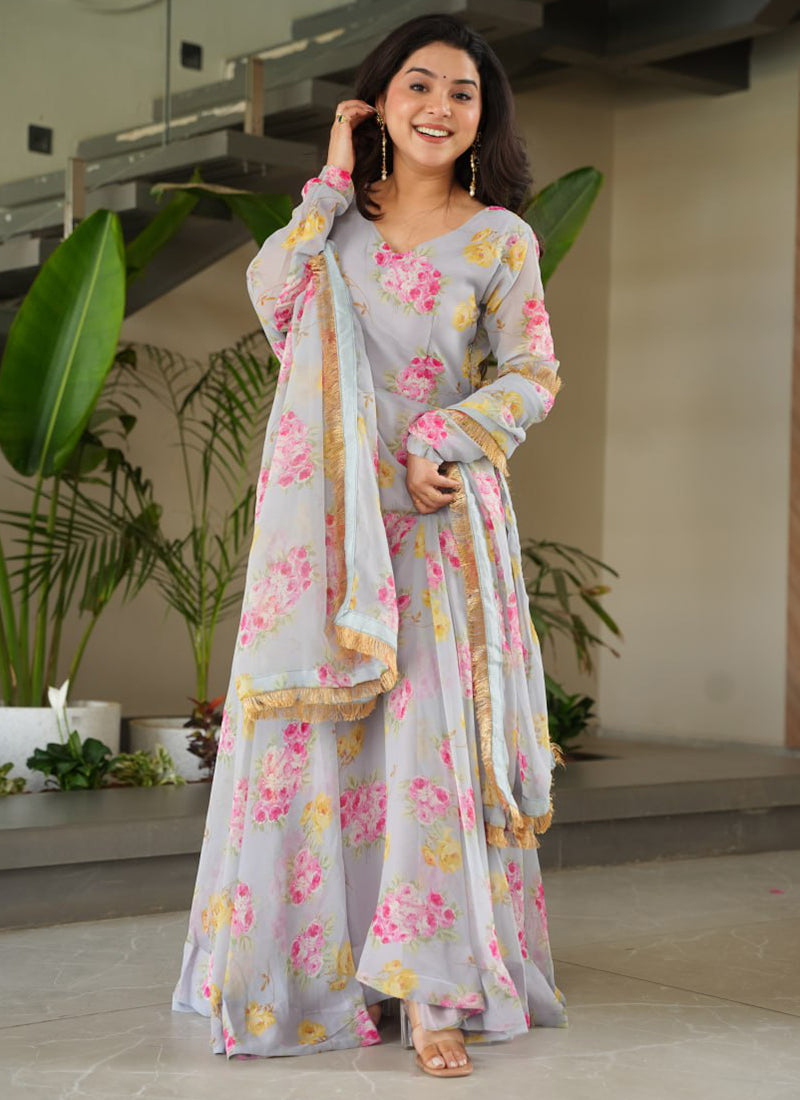 Grey Georgette Printed Party Wear Gown With Dupatta