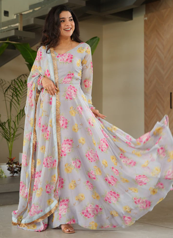 Grey Georgette Printed Party Wear Gown With Dupatta