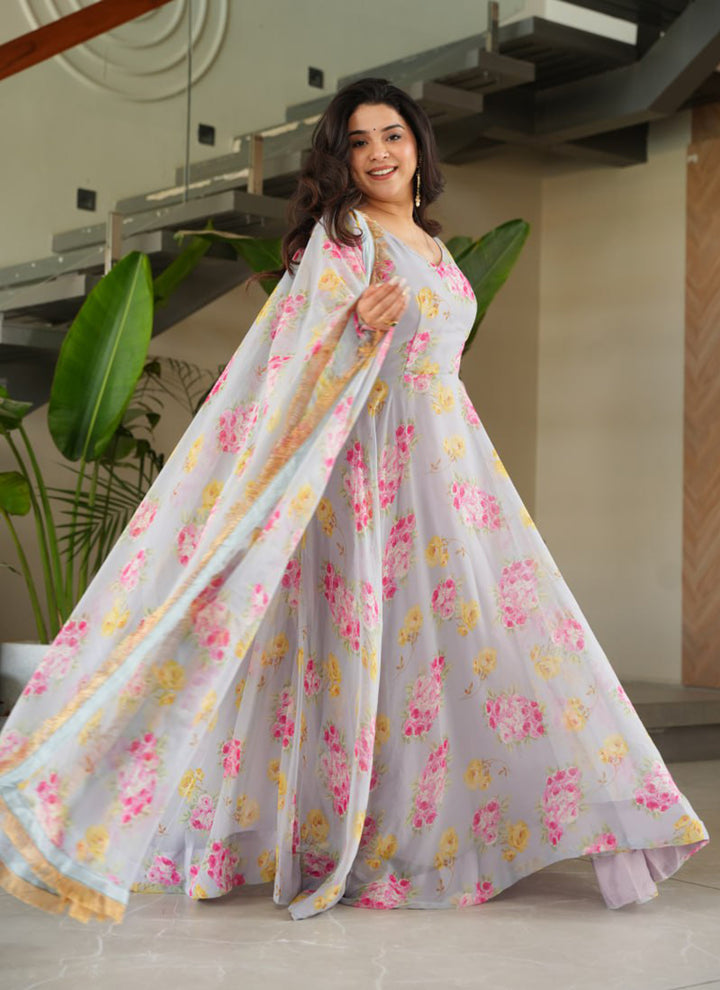 Grey Georgette Printed Party Wear Gown With Dupatta